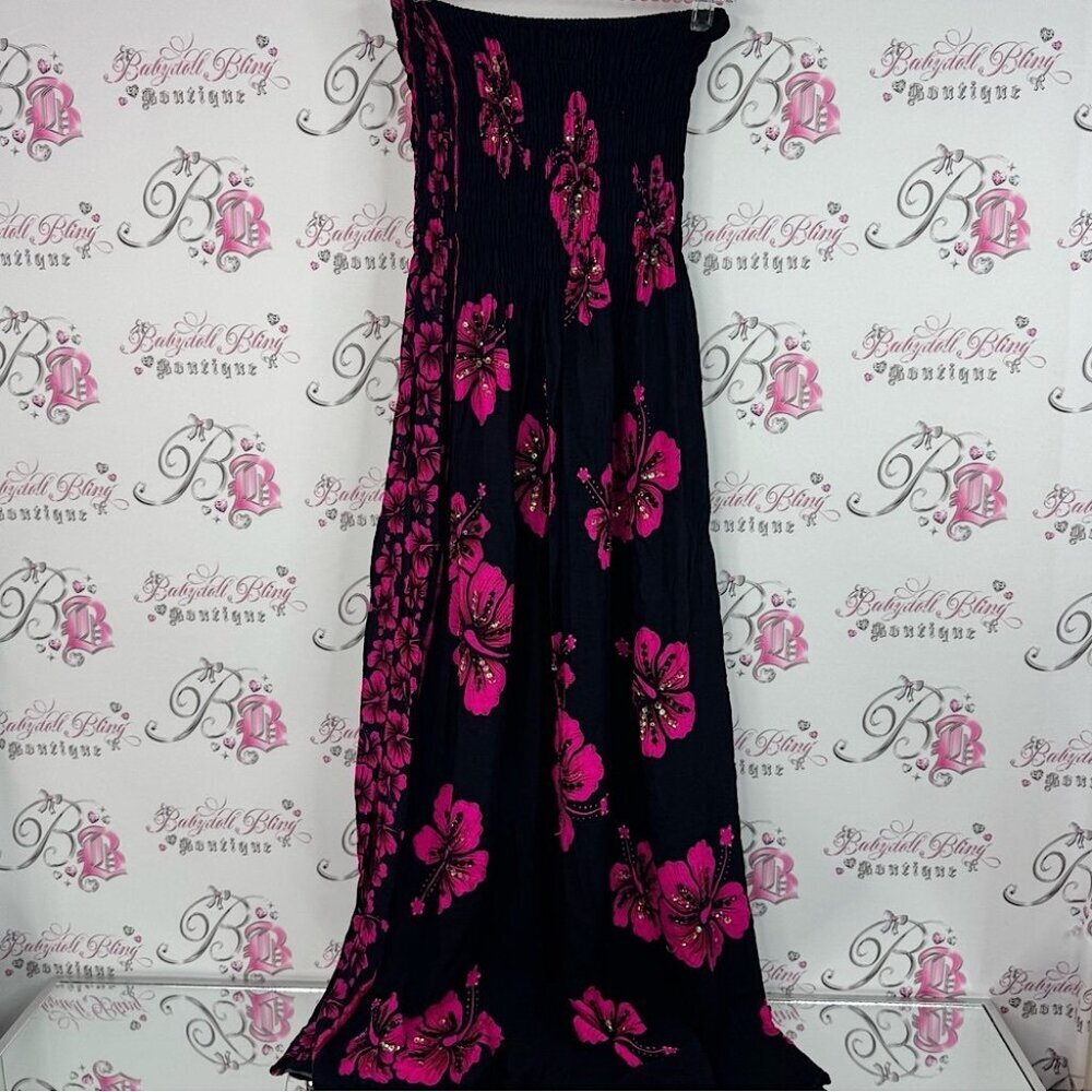 Dress long strapless smocked one size fits all Elegant Black and Pink Floral